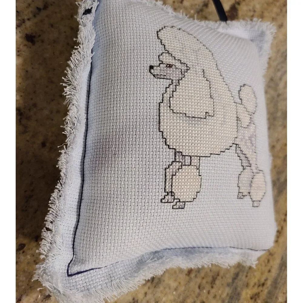 Toy Poodle Needlepoint Cross Stitch Mini Pillow Door Knob Hanger Blue Fur Baby
